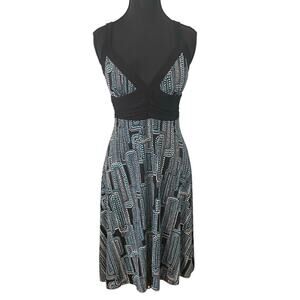 Vintage Rachel Green Y2K Teal Black Abstract Empire Waist Dress Stretchy USA Med